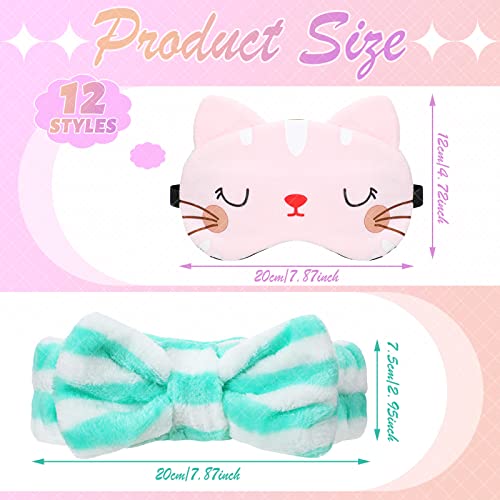 Wesiti 12 Pcs Sleepover Party Favors for Women Girls, 6 Cute Plush Sleep Eye Mask and 6 Spa Headband Washing Face Bow Makeup Headbands Cat Eyeshade for Sleepover Birthday Pajama Party Supply Gift