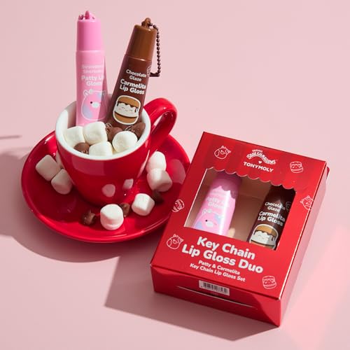 TONYMOLY x Squishmallows Lip Gloss Gift Set ? 2pc Patty¡¯s Strawberry Shortcake & Carmelita¡¯s Chocolate Glaze Keychain Duo, Hydrating Gloss, Holiday Limited Edition