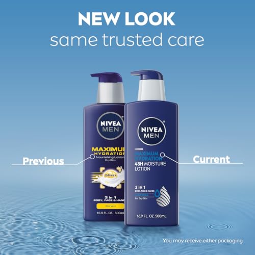 NIVEA MEN Maximum Hydration 48-Hour Moisture Body Lotion for Dry Skin, Aloe Vera Lotion for Men, 3-in-1 Body, Face and Hands, Dermatologically-Tested, 16.9 Fl Oz Bottle (Pack of 2)
