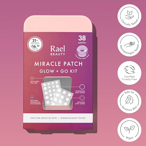 Rael Miracle Patch Glow + Go Patch Kit - Tin Case with Miracle Invisible Spot Patches & Overnight Spot Patches