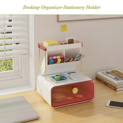 FOLLOWIN Bathroom Organizers and Storage with Drawer,Vanity Storage Organizer with Makeup Brushes Holder, Perfume Lotion Cosmetic Organizer,Blush Pink