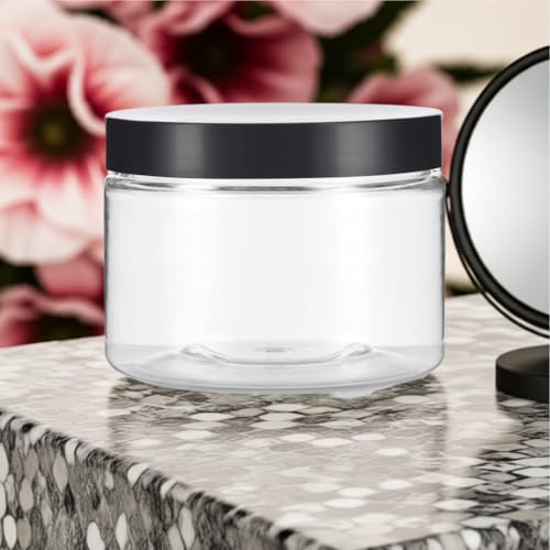 12 oz Clear PET Plastic Refillable Low Profile Jar with Black Smooth Lids (6 pack)
