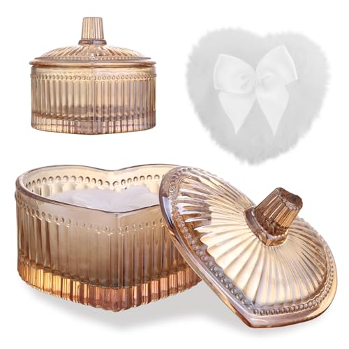 Dusting Powder Container with Velour Puff Cute Heart Shaped Body Powder Jar with Reusable and Washable Puff Clear Amber Glass Makeup Holder for Women