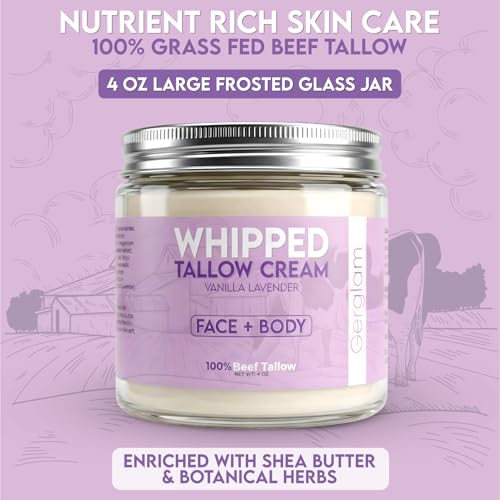 Beef Tallow for Skin, Whipped Beef Tallow Balm for Face & Body with Shea Butter and Lavender Oil, Grass Fed Beef Tallow for Eczema, Dry Sensitive Skin and Rosacea 4 Oz (Vanilla Lavender)