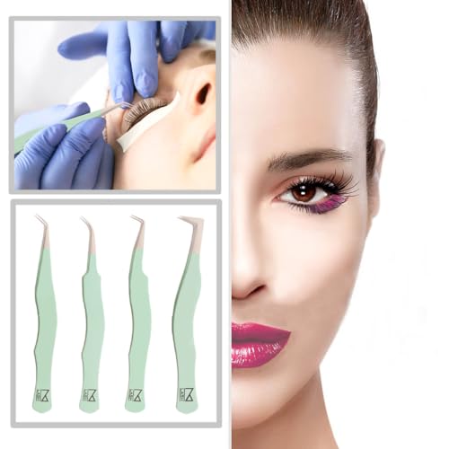 M LASH Eyelash Tweezers for Eyelash Extensions (Set of 4) - Professional Lash Extension Tweezers - Fiber Tip Lash Tweezers, Japanese Steel, Diamond Grip For Flawless Application (Green)