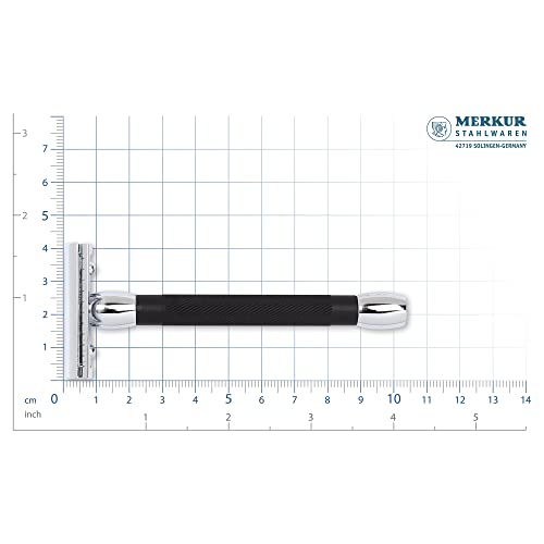 MERKUR 20C Double Edge Safety Razor, Long Handle, Black Anodized Aluminum & Bright Chrome Finish, Three-Piece Design, Closed Comb Straight Bar, Made in Germany