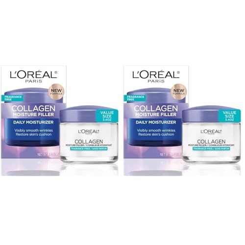 L'Oreal Paris Collagen Moisture Filler Face Cream, Anti-Aging Face Moisturizer, Non-Greasy Fragrance Free Skin Care Formula For Up to 48HR Hydration, 3.4 Oz, (Pack of 2)