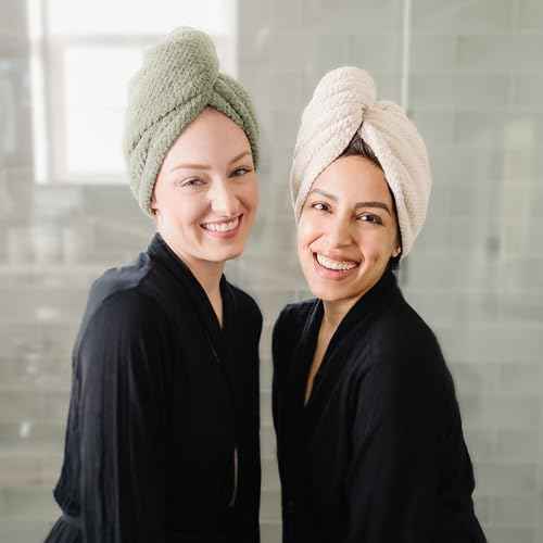 Extra Large 4 Pack Microfiber Hair Towel Wrap for Women Super Absorbent & Quick Dry Hair Drying Towels with Button, Hair Turbans for Curly Hair Long & Short Hair - Anti-Frizz (green pinstripe)