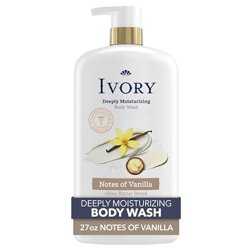 Ivory Body Wash, Deeply Moisturizing, 24hr Nourishing Hydration, Soothes Itchy Dry Skin, Made with Shea Butter Blend, Free of Dyes Heavy Perfumes Parabens & Phthalates, Vanilla Scent, 27 oz