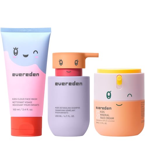 Evereden Kids Healthy Habit TRIO : Clean & Vegan Skin & Hair Care for Kids Bundle | Skin Care Cloud Face Wash + SPF 20 Mineral Face Cream + Shampoo - Detangling | Clean Ingredients