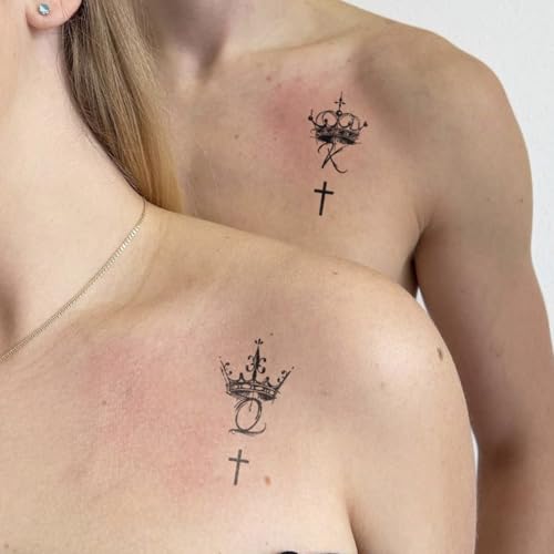 Semi Permanent Tattoo for Women Men, 2 Sheets Realistic Temporary Tattoos, Lasts 2 Weeks Fake Tattoo for Arm Wrist, Waterproof Non-Reflective, Heart Lock Key & Elegant Crown Cross Couple Tattoos