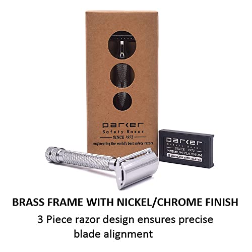 Parker 91R Heavyweight Long Handle Safety Razor ? Classic 3-Piece Double Edge Razor for Smooth, Close Shaves ? Brass Frame with Textured Chrome Finish ? Compatible with All DE Razor Blades