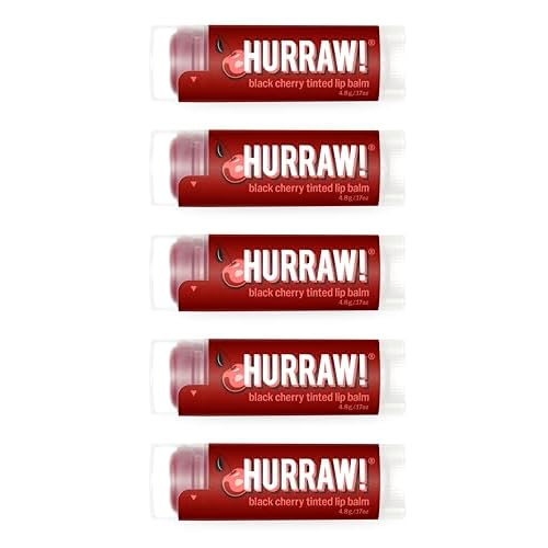 Hurraw! Black Cherry Tinted Lip Balm, 5 Pack: (Sheer Red Tint) Organic, Certified Vegan, Cruelty and Gluten Free. Non-GMO, 100% Natural Ingredients. Bee, Shea, Soy and Palm Free. Made in USA
