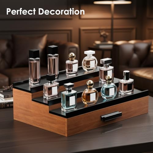 Cologne Organizer for Men ? Black Wood Cologne Stand with Drawer & Storage, 3 Tier Perfume Display Holder for Bedroom, Office, Bathroom ? Ideal Gift for Men, Father, Husband