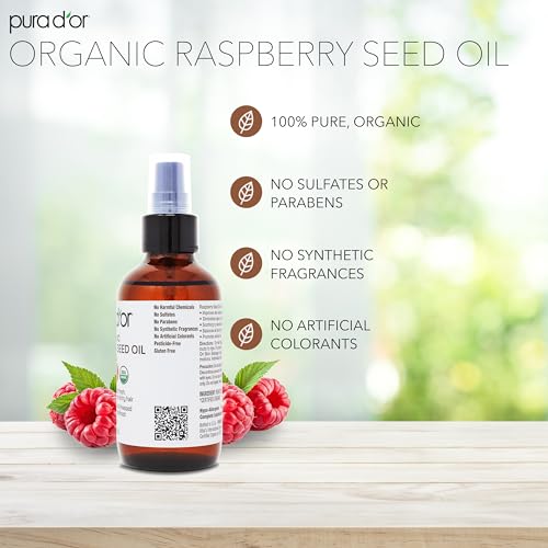 PURA D'OR 3.38 Oz ORGANIC Raspberry Seed Oil - 100% Pure USDA Certified, Cold Pressed Unrefined, Hexane-Free, Premium Grade - Sun Protection For Skin, Body & Hair