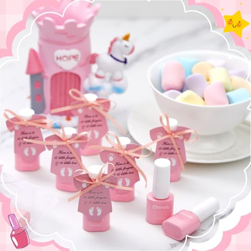 24 Set Light Pink Baby Shower Mini Nail Polish Bulk Baby Shower Party Favors for Guests Gender Reveal Party Supply Souvenir Return Thank You Gifts with Card Organza Bags Ribbon Quick Dry