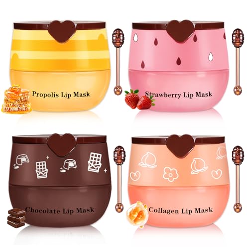 AWCCXMYM 4 PCS Bee Lip Balm Honey Pot Hydrating & Preventing Dry Honey Balm Lip Balm Honey, Strawberry, Collagen, Chocolate Moisturizing Lip Sleeping Mask with Sticks
