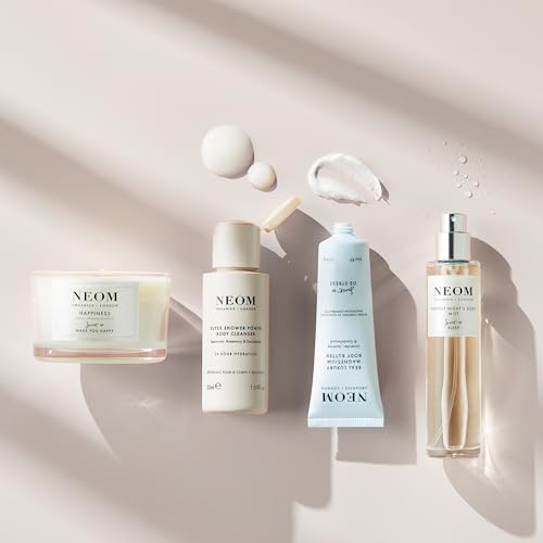 NEOM- Wellbeing Discovery Collection | Perfect Night's Sleep Pillow Mist, Happiness Travel Candle, Real Luxury Magnesium Body Butter & Super Shower Power Cleanser | Gift Set