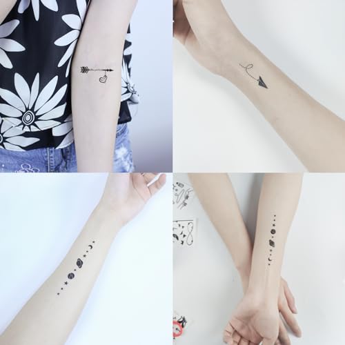 28 Sheets 100+ pcs Minimalism Line Art Small Black Temporary Tattoo, Heart Arrow Butterfly Cross Feather Key Suit for Finger Hand Neck Face