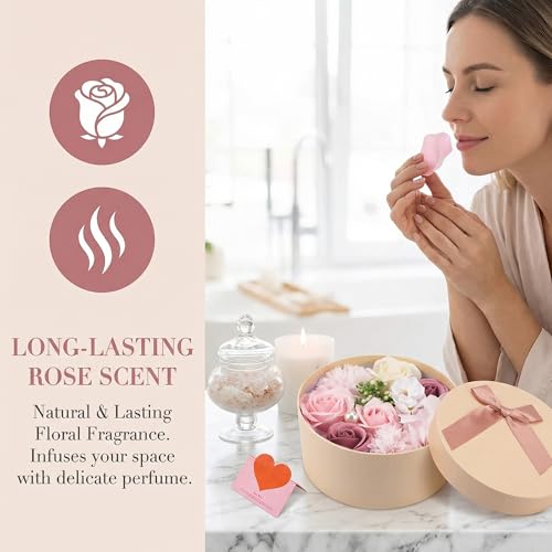 Rose Soap Petals Gift Set - Floral Scented Bath Soap with Essential Oils in Decorative Flower Box, Valentine Soap & Flower Soap for Women, Perfect for Valentine's Day, Christmas & Home Decor (Pink)