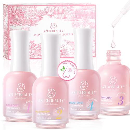 AZUREBEAUTY Dip Powder Nail Set, Silver Pink Black Dip Powder Liquid Set 4 Pcs Clear Dipping Powder Base Activator Top Coat and Brush Saver