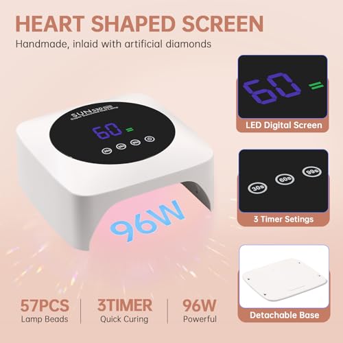UV Nail Lamp 96W Rechargeable LED Gel Curing Lamp, Cordless Nail Dryer Gel Polish Light with Large LCD Display, with 3 Timer Setting Auto Sensor for Salon and Home (White)