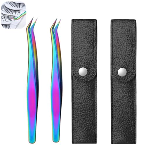 2 Pairs Rainbow Stainless Steel Curved Pointed Craft Tweezers with 2 Leather Bags for DIY Crafts, Precision Micro Tweezers for Eyelash Extensions, Electronics, and Laboratory Works