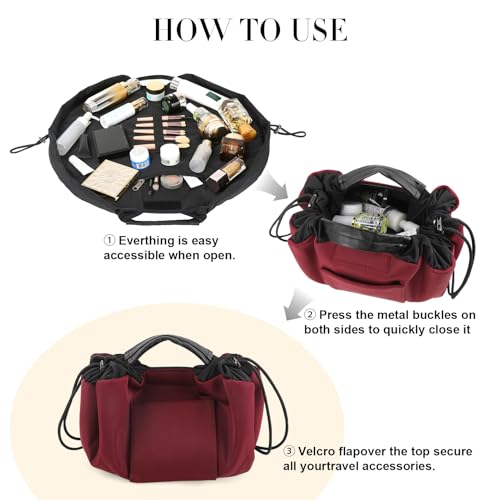 Vomgomfom 20 inch Drawstring Makeup Bag Open Flat,Waterproof Magic Cosmetic Pouch for Women (J-Wine Red)