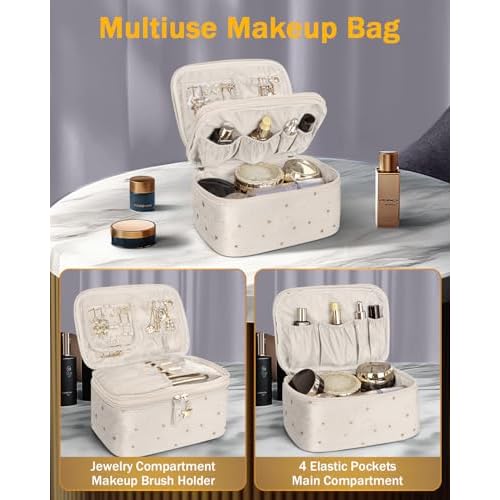 Wedama Makeup Bag, Double-layer Cosmetic Bag with Jewelry Storage and Brush Holders 3 Pcs Velvet Makeup Bag Set Travel Makeup Organizer Bags Portable Cosmetic Case Toiletry Bag for Women Girls, Beige
