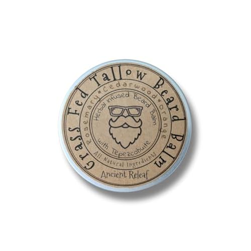 Ancient Releaf Grass-fed Beef Tallow Beard Balm, All-Natural, with Tepezcohuite, Mustache and Beard, Hydrating, Softening, 2oz. Tin, Scent: Rosemary, Cedarwood, Orange