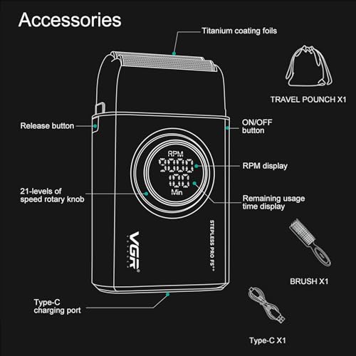 VGR 377 Foil Shaver for Men, Electric Razor for Shaving Face with Double Foil, 21-Speed 9000 RPM Motor Bald Shavers LED Display Titanium Foils, Barber Supplies (Black), Men's Gifts