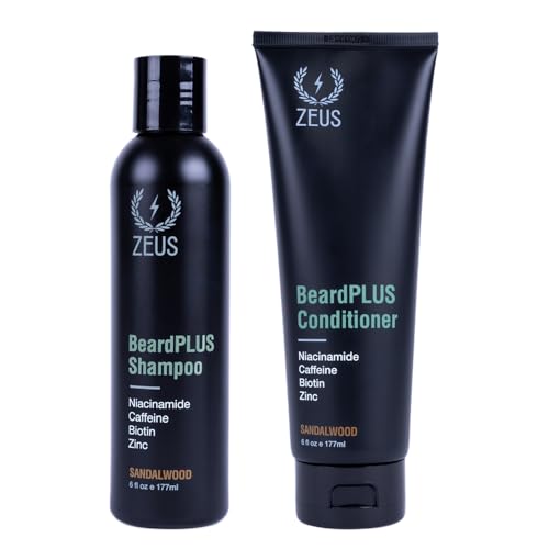ZEUS BeardPLUS Beard Shampoo & Conditioner Set for Men, Hair Growth Treatment for Hydration, Softness & Thickness with Biotin & Caffeine (Made in USA) Combo Set
