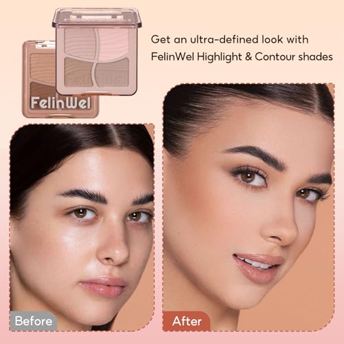FelinWel Highlight Contour Makeup Palette Effortless Blending Matte Shimmer Highlighter Palette and Bronzer Powder for Cool Toned Skin with Brush