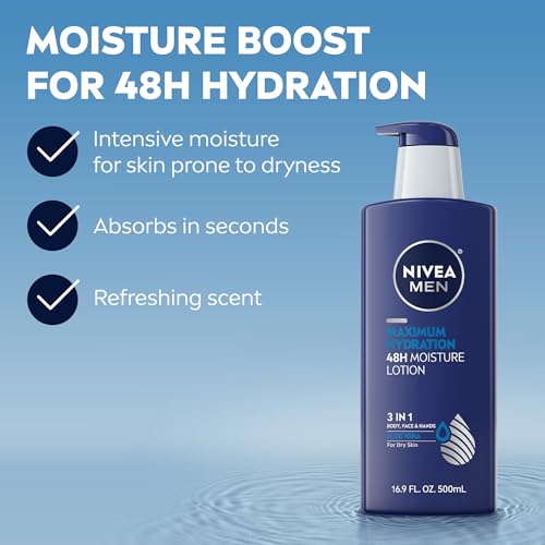 NIVEA MEN Maximum Hydration 48-Hour Moisture Body Lotion for Dry Skin, Aloe Vera Lotion for Men, 3-in-1 Body, Face and Hands, Dermatologically-Tested, 16.9 Fl Oz Bottle (Pack of 2)