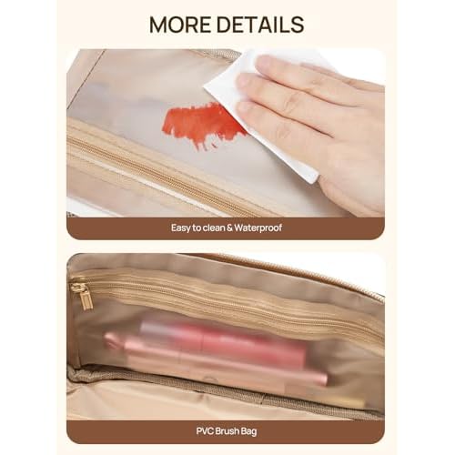 Telena Leather Make Up Bag Portable Travel Makeup Bag Waterproof Cosmetic Bags for Women Large Capacity With Handle and Divider Open Lay Flat