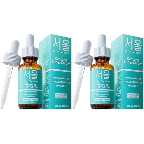 SeoulCeuticals Korean Skin Care Ginseng Serum - K Beauty Skincare with Green Tea + Centella + Royal Jelly - Cruelty Free & Organic for Dewy Glow 1oz (Pack of 2)