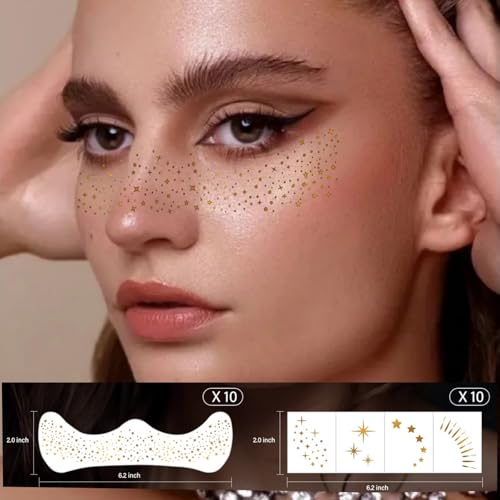 Glitter Freckles Face Tattoo - 20Pcs Waterproof Gold Temporary Sparkle Patches for Women Glow Up Makeup Patches Accessories Cosmetic Glitter for Face