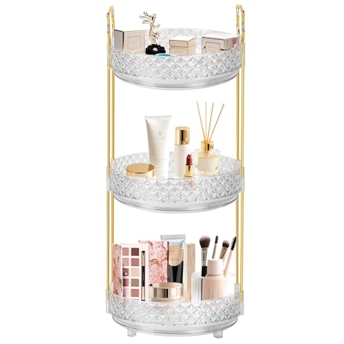 360 Rotating Rotating Makeup Organizer for Vanity, 3 Tier Perfume Skincare Organizers and Storage for Bathroom Countertop, Clear Spinning Counter Cosmetic Holder for Dresser,Clear