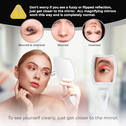 High Magnification Travel Hand Mirror - Foldable 10X & 1X Magnifying Makeup Mirror, 3-in-1 Handheld Mirror, Hanging Mirror, Table Mirror - 3.3" x 7.3" (Unfolded) / 3.3¡± x 4.4¡± (Folded)