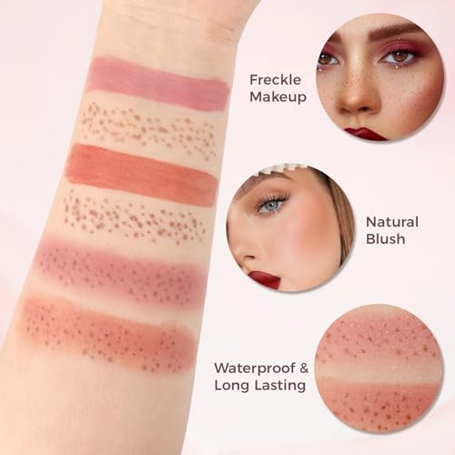 2PCS Liquid Blush Freckle Pen, 2-IN-1 Brown Fake Freckle Stamp & Pink Coral Orange Blush Stick for Cheeks, Waterproof Natural Sunkissed Dewy Cheeks Faux Freckles Face Tattoo Makeup with Puff (01#+02#)