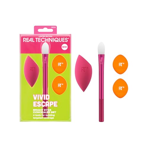 Real Techniques Vivid Escape Bright Eyes Concealer 4 Piece Set, Includes Kitten Paw Makeup Brush, Powder Puff, & Concealer Makeup Blending Sponge, Targeted Concealing, Travel Friendly, Cruelty-Free
