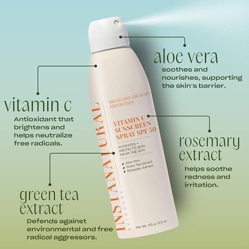 InstaNatural Skin Care Vitamin C SPF 50 Broad Spectrum Sunscreen Spray, Brightens & Hydrates, UVA, UVB Sun Protection Sunblock, with Aloe Vera & Botanicals, Aerosol Bottle, 5.5 Fl Oz (Pack of 2)