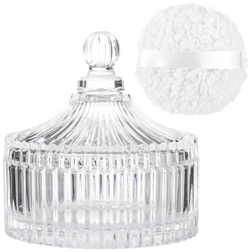 2 PCS Large Body Powder Puff with Glass Container Set, Soft Washable Puff Set for Face & Body, Reusable Puff with Ribbon Band for Makeup Glitter Application, After-Bath Care