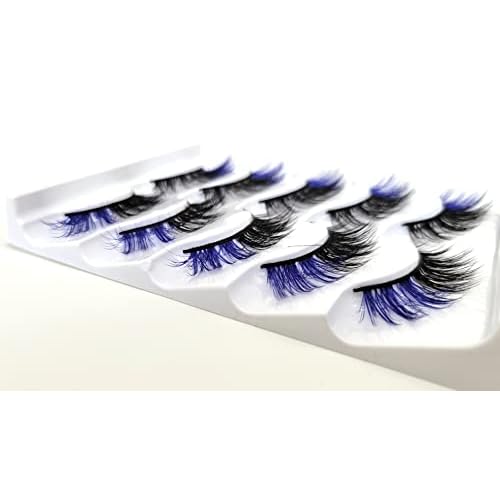 MISSLADY 16mm 5 Pairs Pack 3D Faux Mink Eyelashes with Blue Ends Colored Lashes (FM-204, 8-16mm, Black with Blue Ends, 5 Pairs)