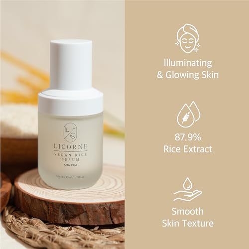 LICORNE Vegan Rice Bran Serum, Daily Resurfacing Face Serum for Glass Skin, AHA/PHA & Rice Water Extract for Rough Texture & Pores, Gentle Exfoliating & Brightening Essence, Large 1.52 fl oz