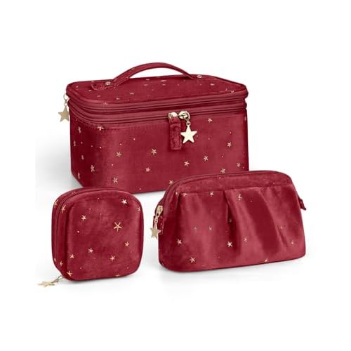 Wedama Makeup Bag, Double-layer Cosmetic Bag with Jewelry Storage and Brush Holders 3 Pcs Velvet Makeup Bag Set Travel Makeup Organizer Bags Portable Cosmetic Case Toiletry Bag for Women Girls, Red