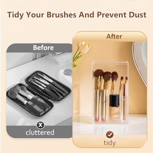 VORA Makeup Brush Holder, Clear Make Up Brush Holder Organizer with 17 Slots, Tilt Open Large Makeup Brush Holde with Lid, Acrylic Makeup Organizer for Vanity Decor Office Home