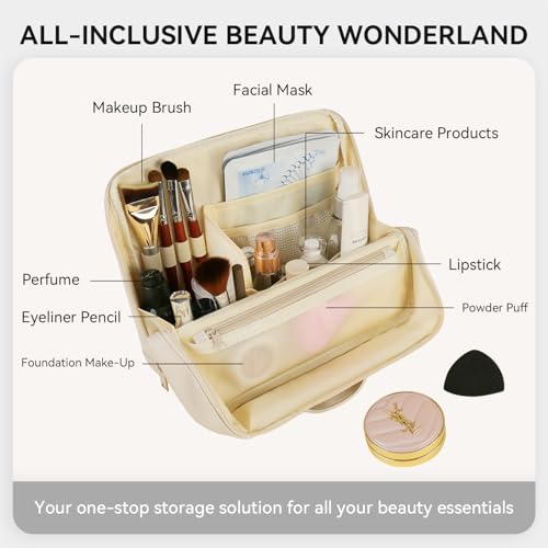 Makeup Bag,Large Capacity Cosmetic Bags for Women,Portable Toiletry Bag Free-Standing Brush Holder for Easy Access