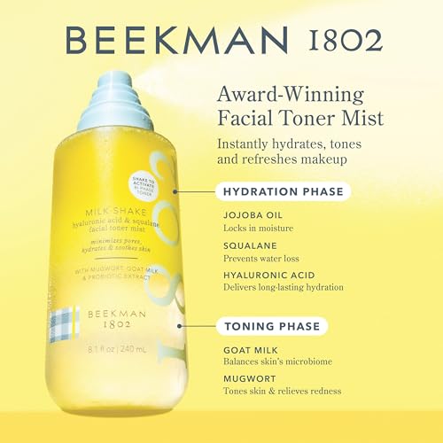 Beekman 1802 Milk Shake Facial Toner - Pack of 2 - Includes 2 oz + 8 oz Bottles - Fragrance Free - Relieves Redness - Non-Comedogenic, Alcohol Free - Good for Sensitive Skin - Cruelty Free