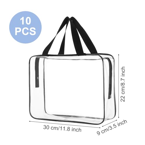 10 Pack Extra Large Clear Toiletry Cosmetic Bags with Zipper and Handle, 11.8 x 3.5 x 8.7 Inches PVC Plastic Makeup Waterproof Transparent Handbag & Travel Tote Pouch for Women Men
